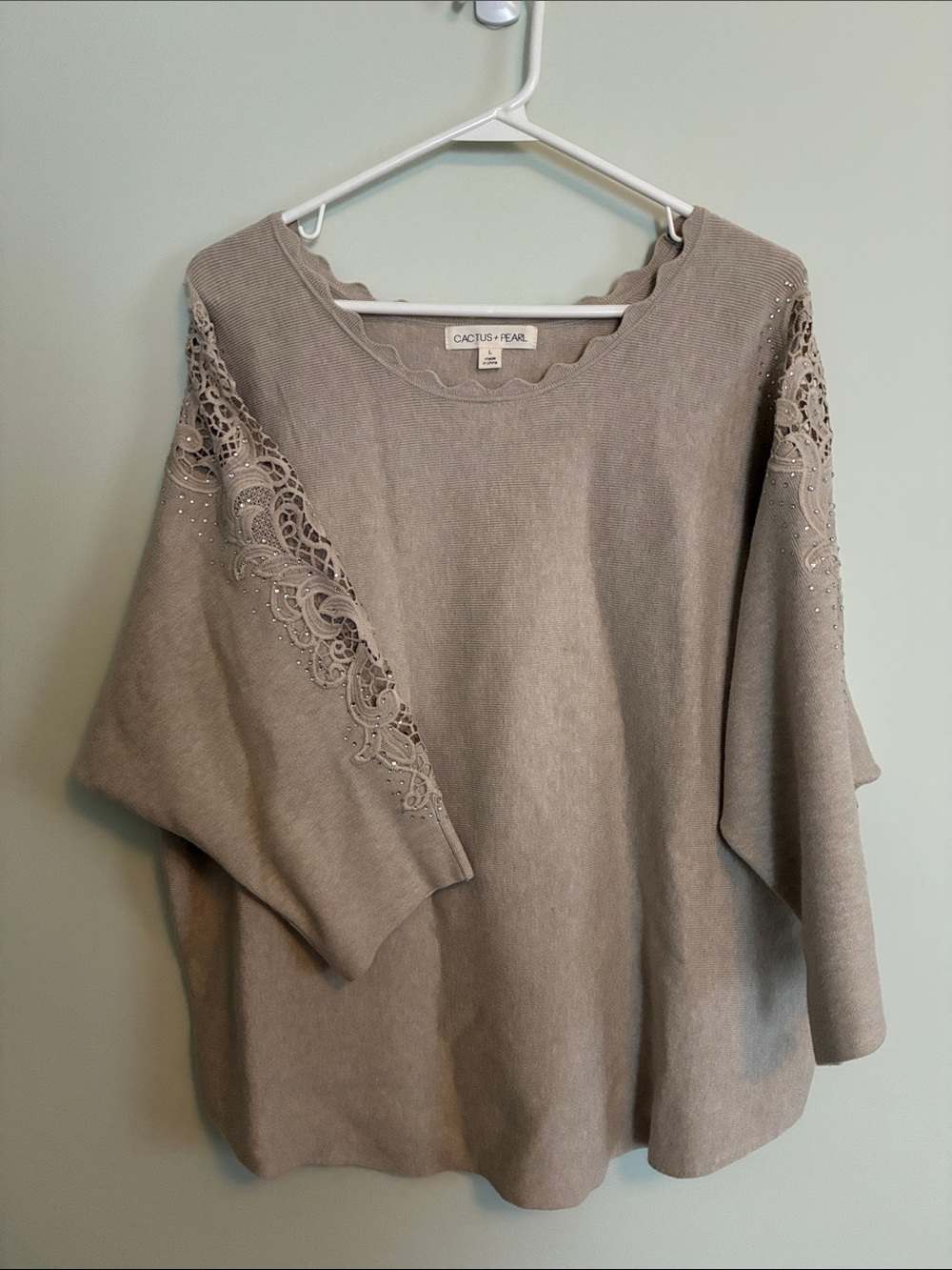 Scallop Neck Embellished Crewneck Sweater